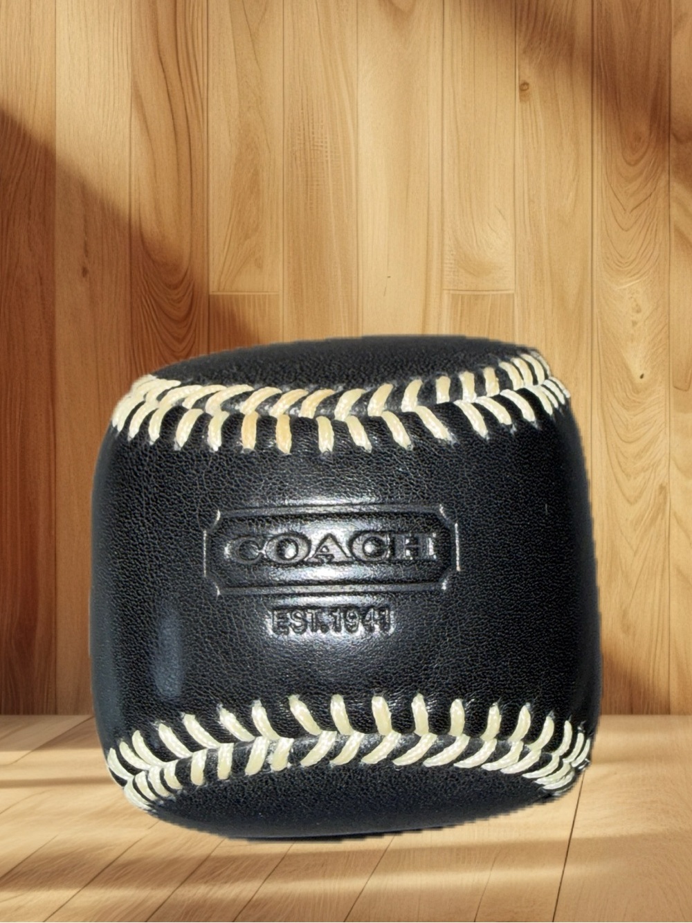 COACH Leather Baseball Paperweight Black & Cream Stitched Collectible